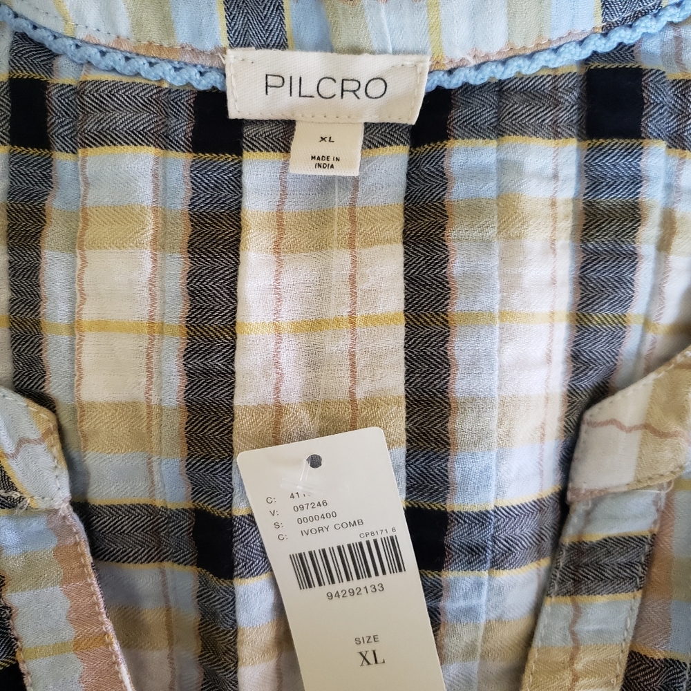 Pilcro Long Sleeve Pleated Plaid Relaxed Swing Blouse Size XL Cotton Elastane - Picture 14 of 15